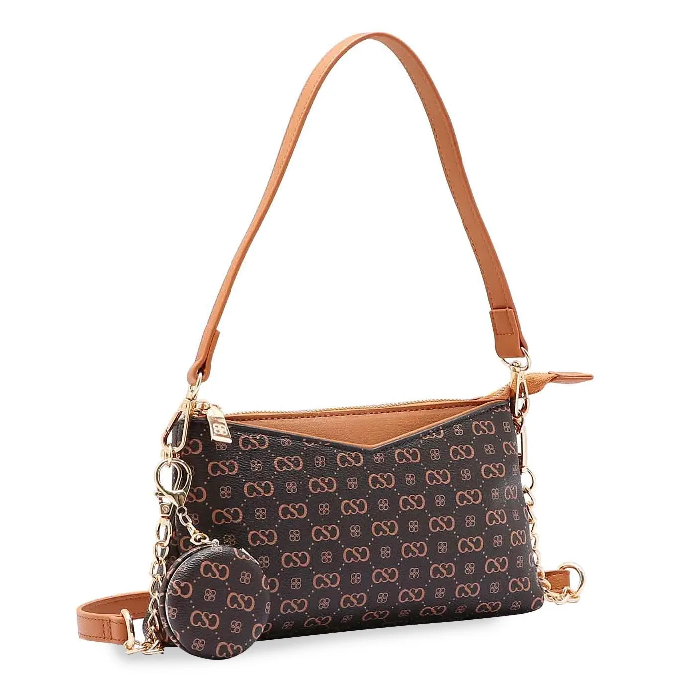 Bolsa de ombro feminina Chenson marrom com estampa monograma e detalhes em couro sintético caramelo